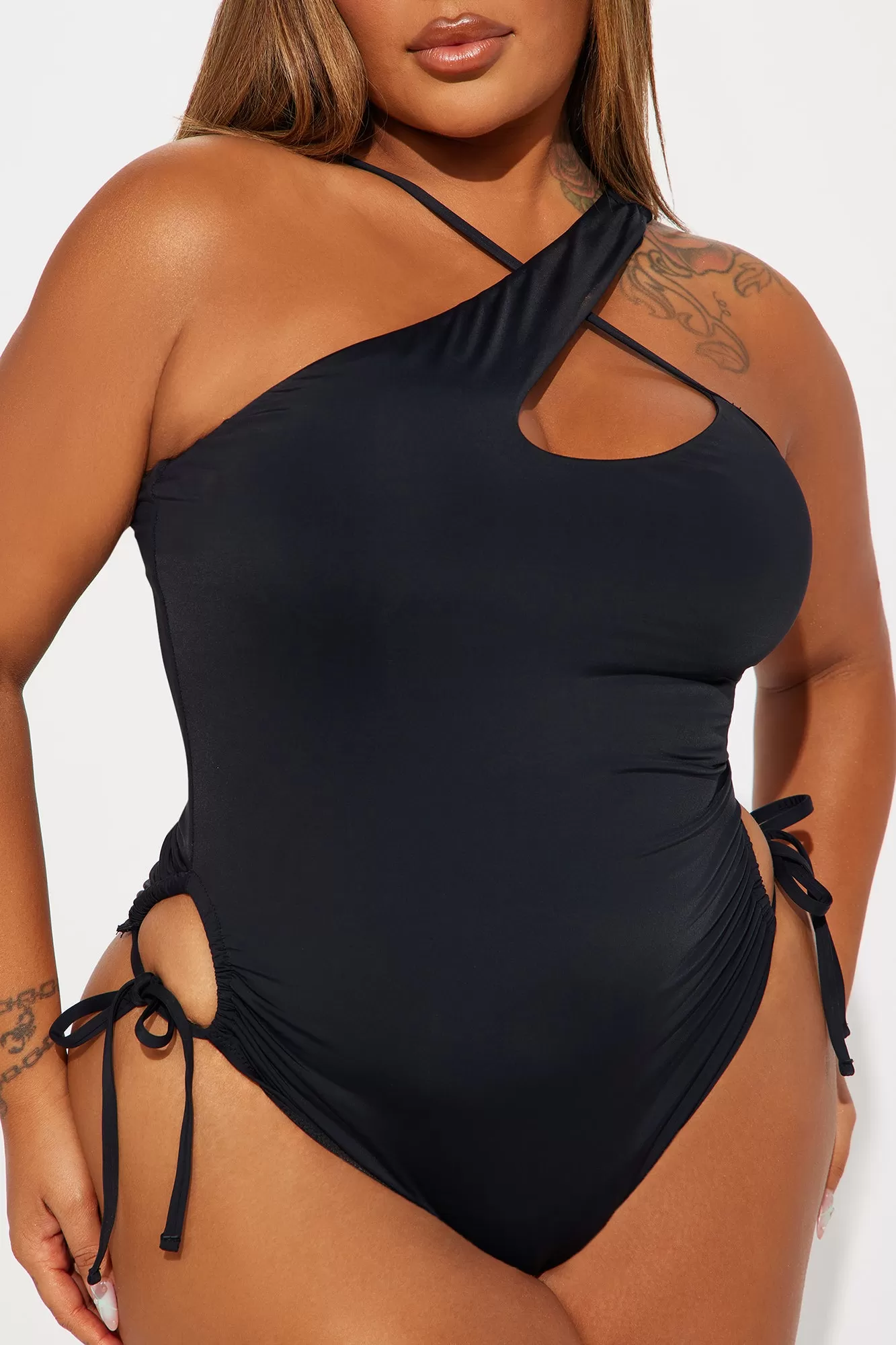 Beachside Coconuts Ruched Asymmetrical 1 Piece Swimsuit - Black