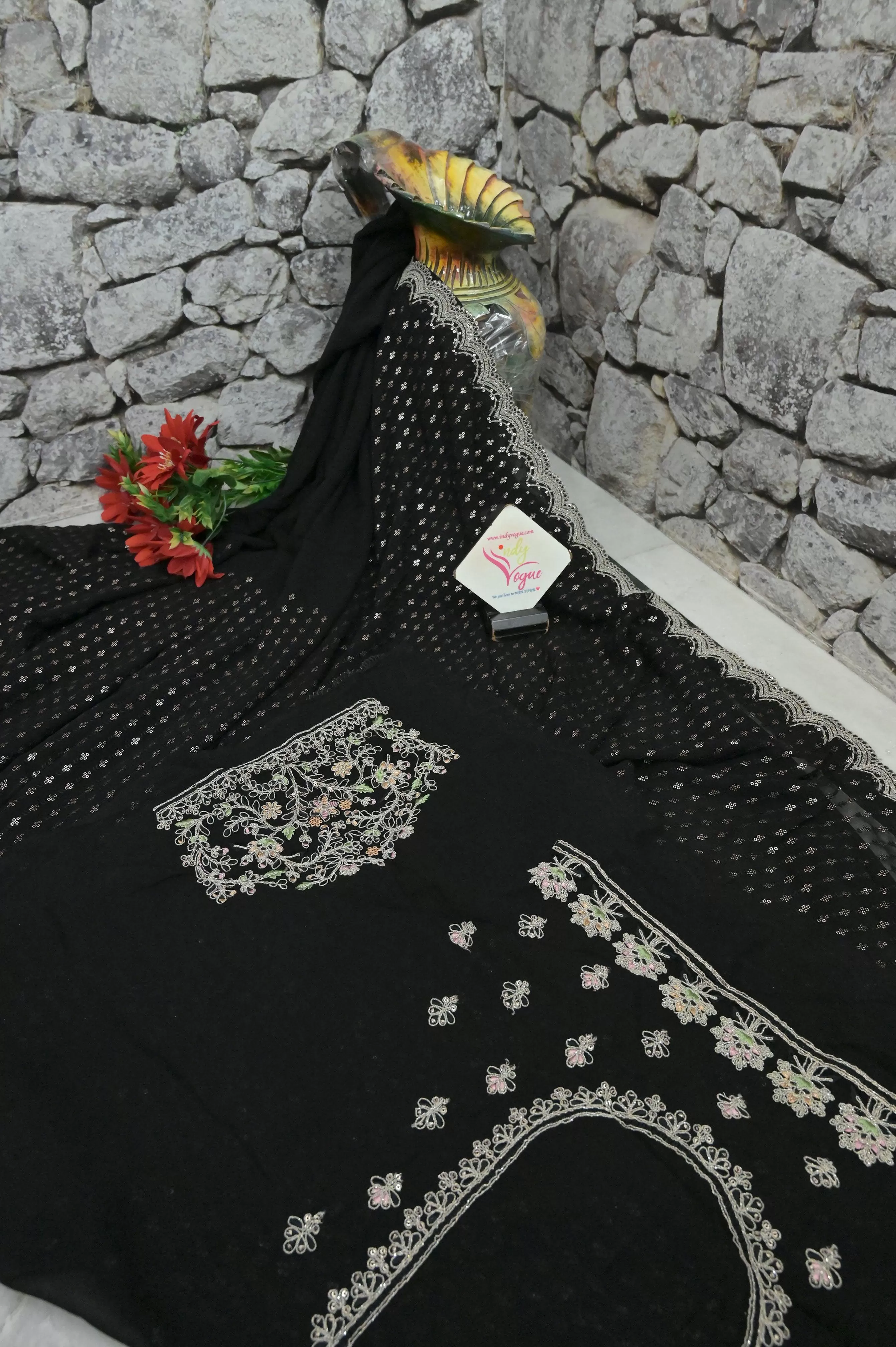 Black Color Designer Georgette Saree with Sequin and Embroidery Work