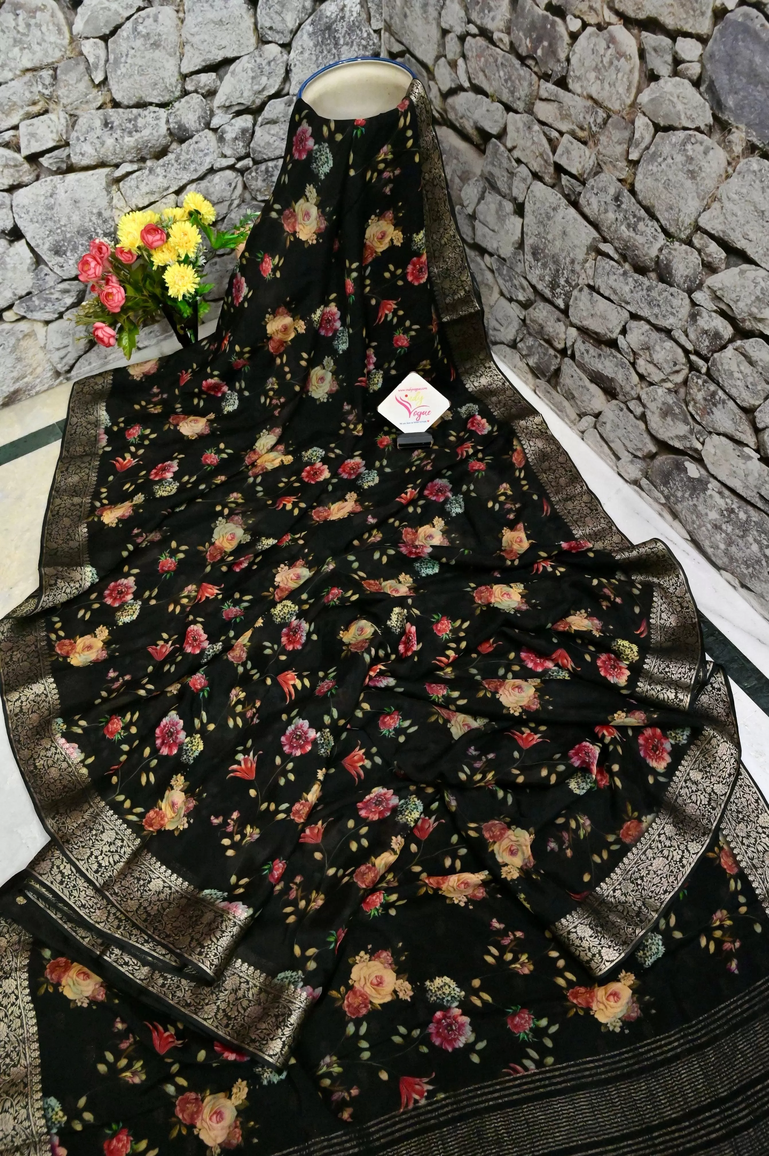 Black Color Georgette Banarasi with Digital Print Work