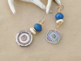 Blue Java Bicone and Paper Bead Earrings