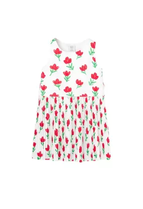 Boboli Pleated jersey dress with flower print for girls 418036 9382 white-red