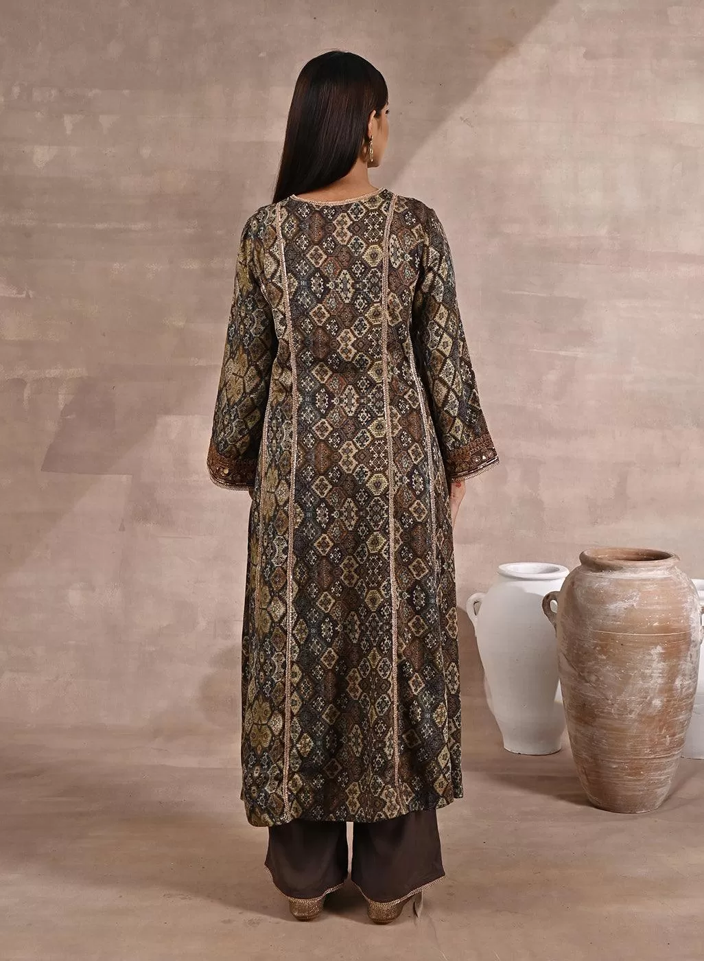 Brown Ethnic Printed Kurta Set with Fine Neck Work