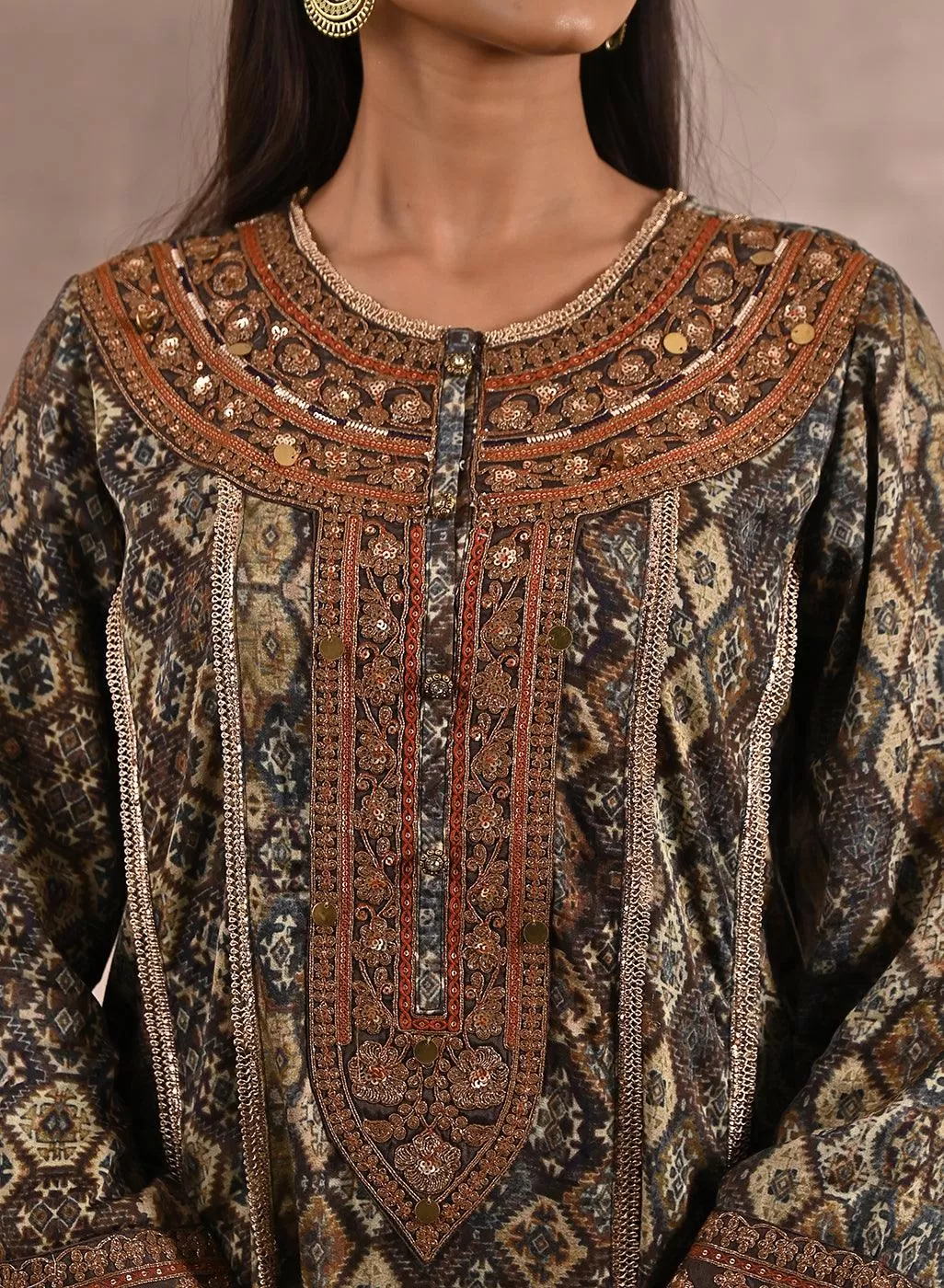 Brown Ethnic Printed Kurta Set with Fine Neck Work