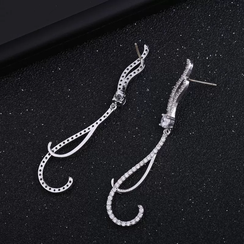 CZ Long Sterling Silver Thin Dangle Earrings