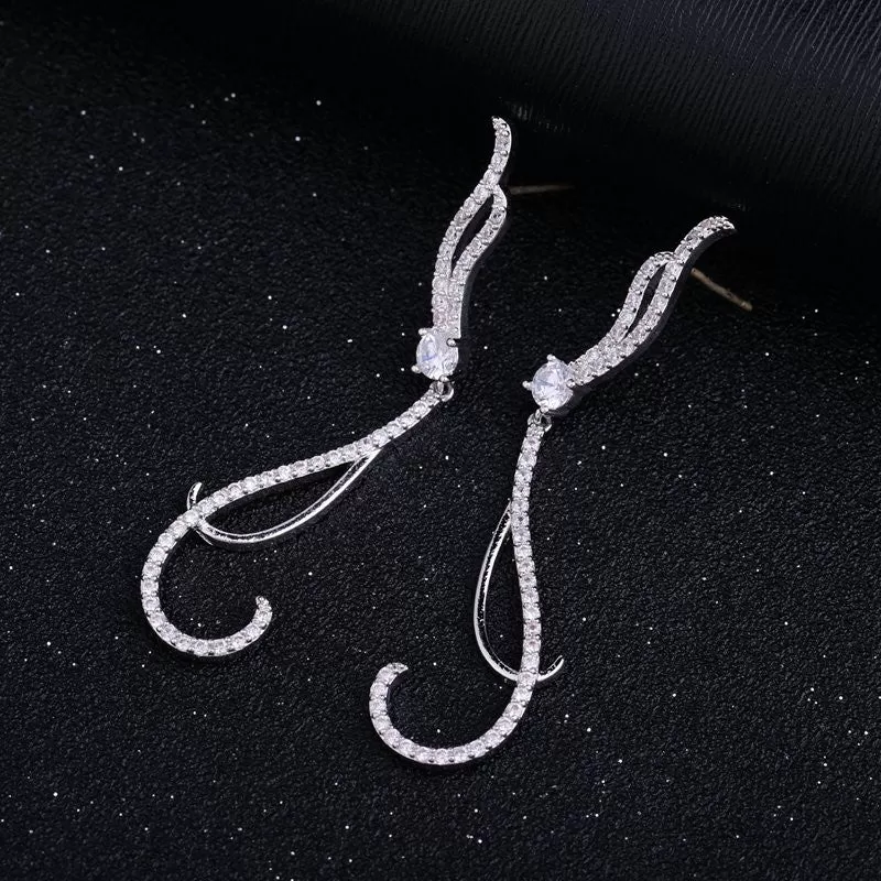 CZ Long Sterling Silver Thin Dangle Earrings