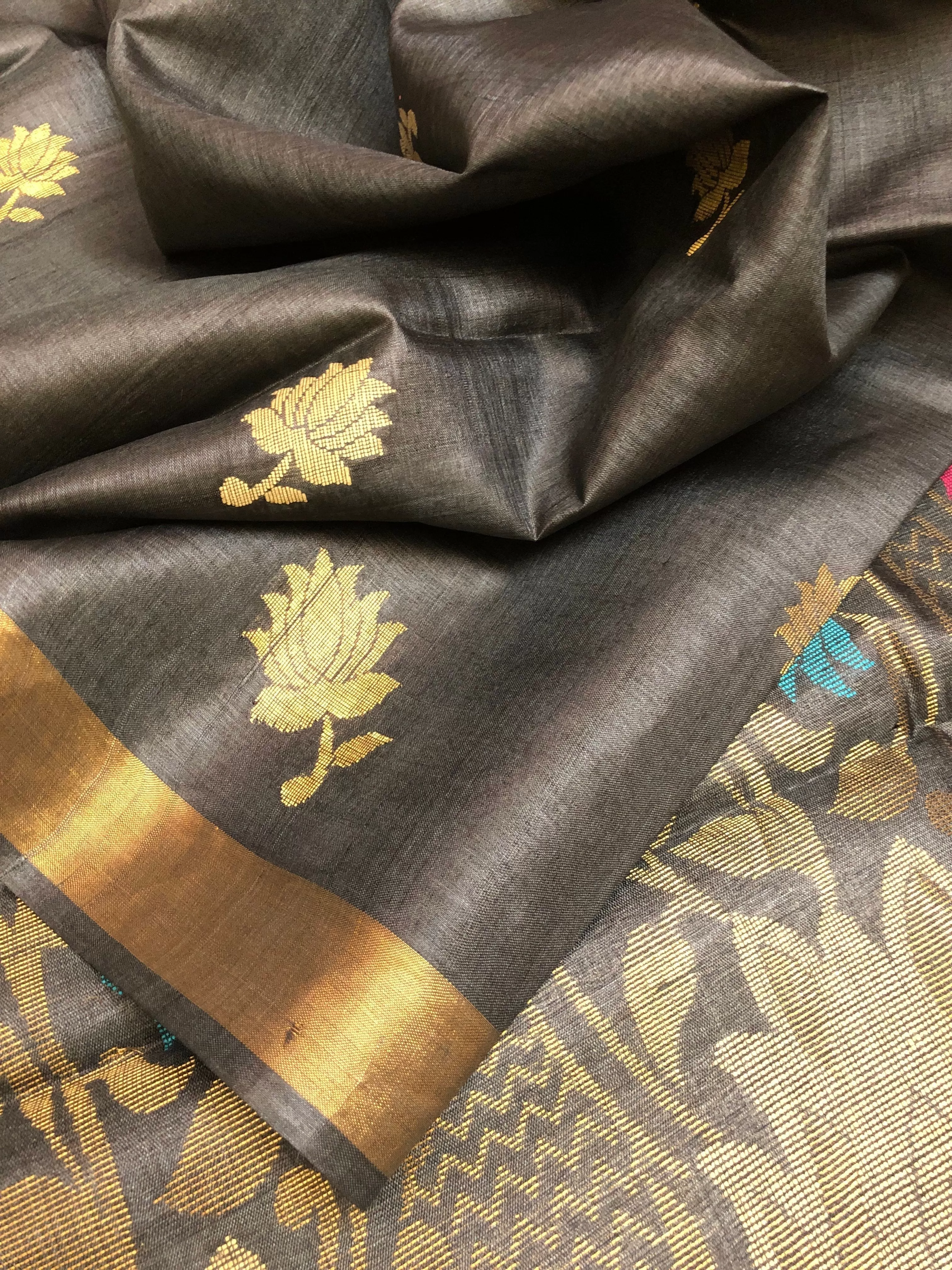 Deep Graphite Color Tussar Silk Saree with Meenakari Pallu