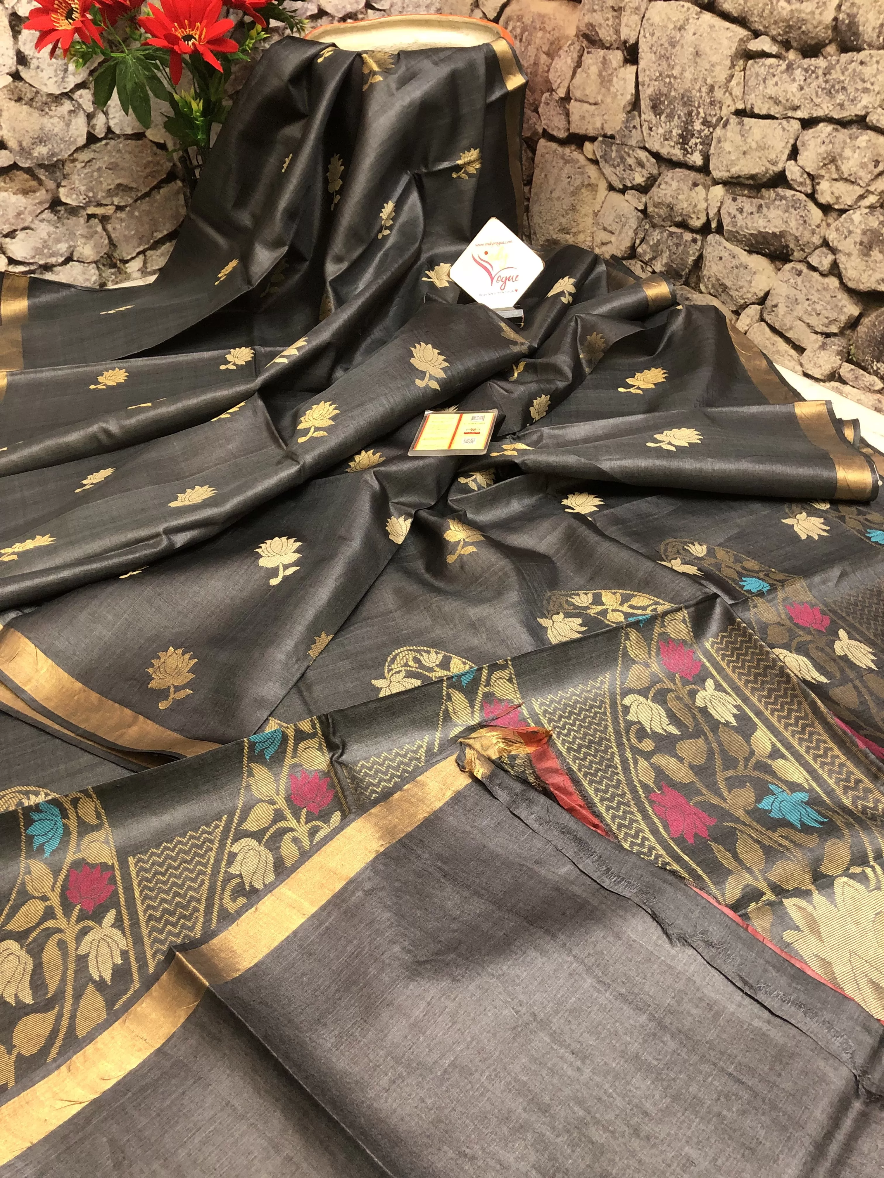 Deep Graphite Color Tussar Silk Saree with Meenakari Pallu