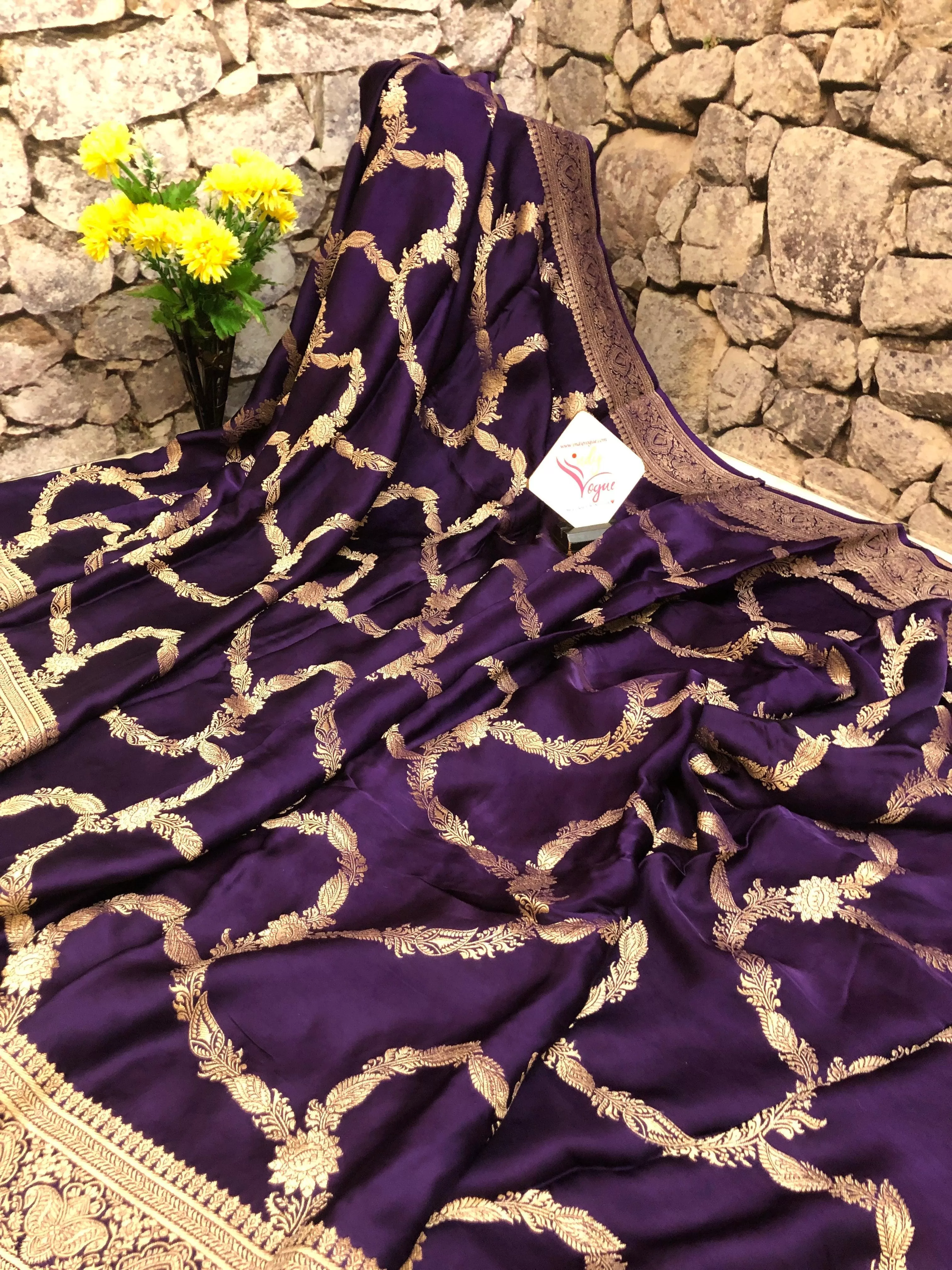 Deep Violet Color Pure Satin Banarasi Saree