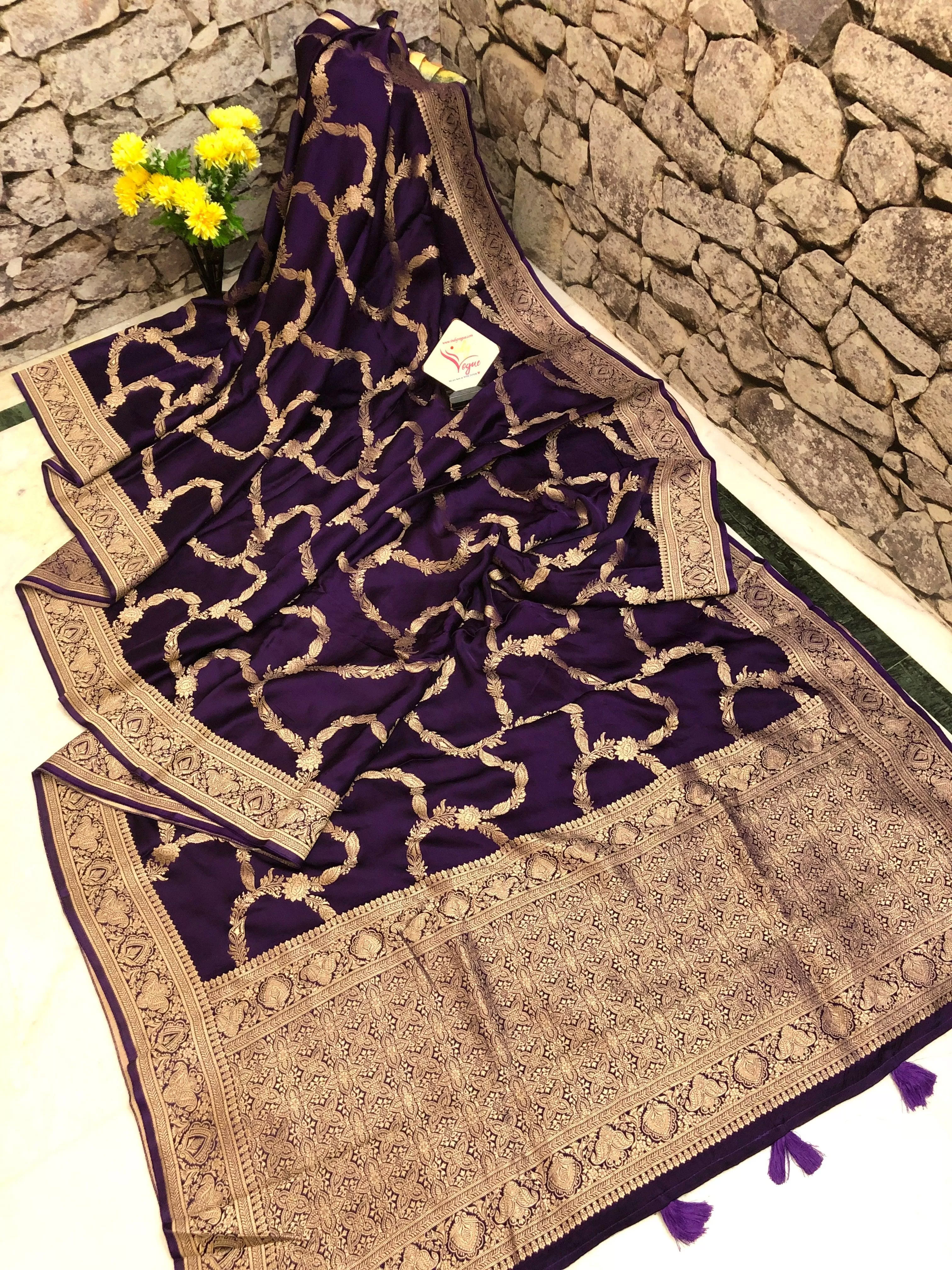 Deep Violet Color Pure Satin Banarasi Saree