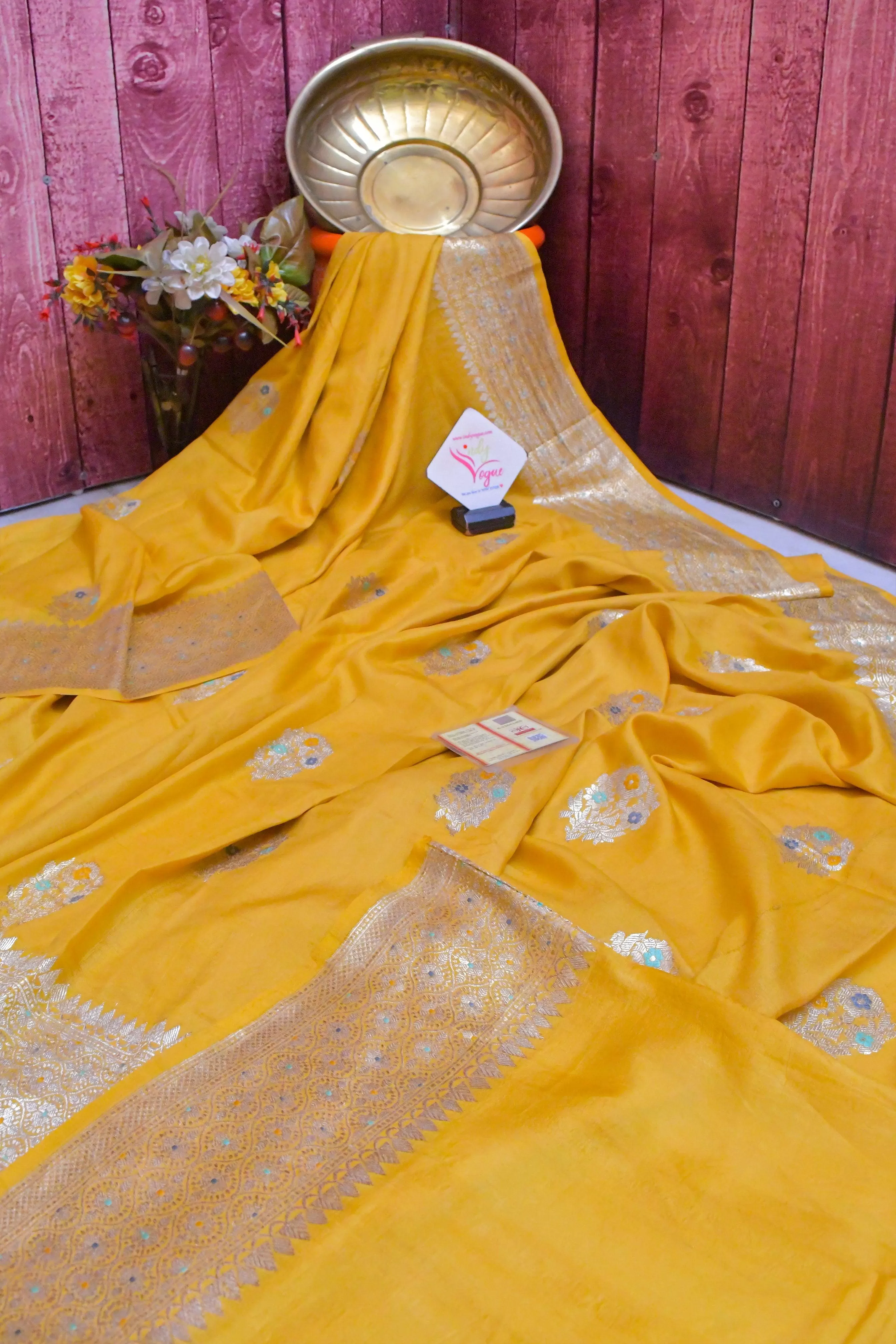 Deep Yellow Color Tussar Georgette Meenakari Banarasi