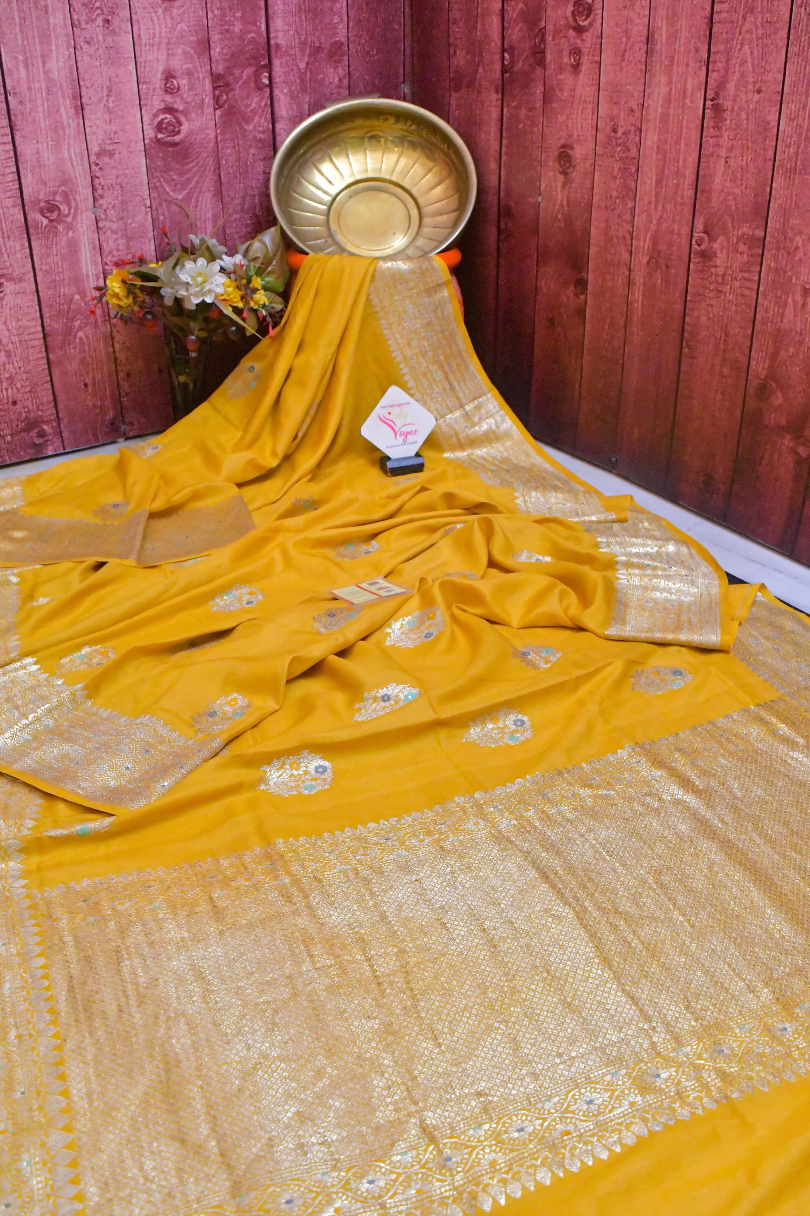 Deep Yellow Color Tussar Georgette Meenakari Banarasi