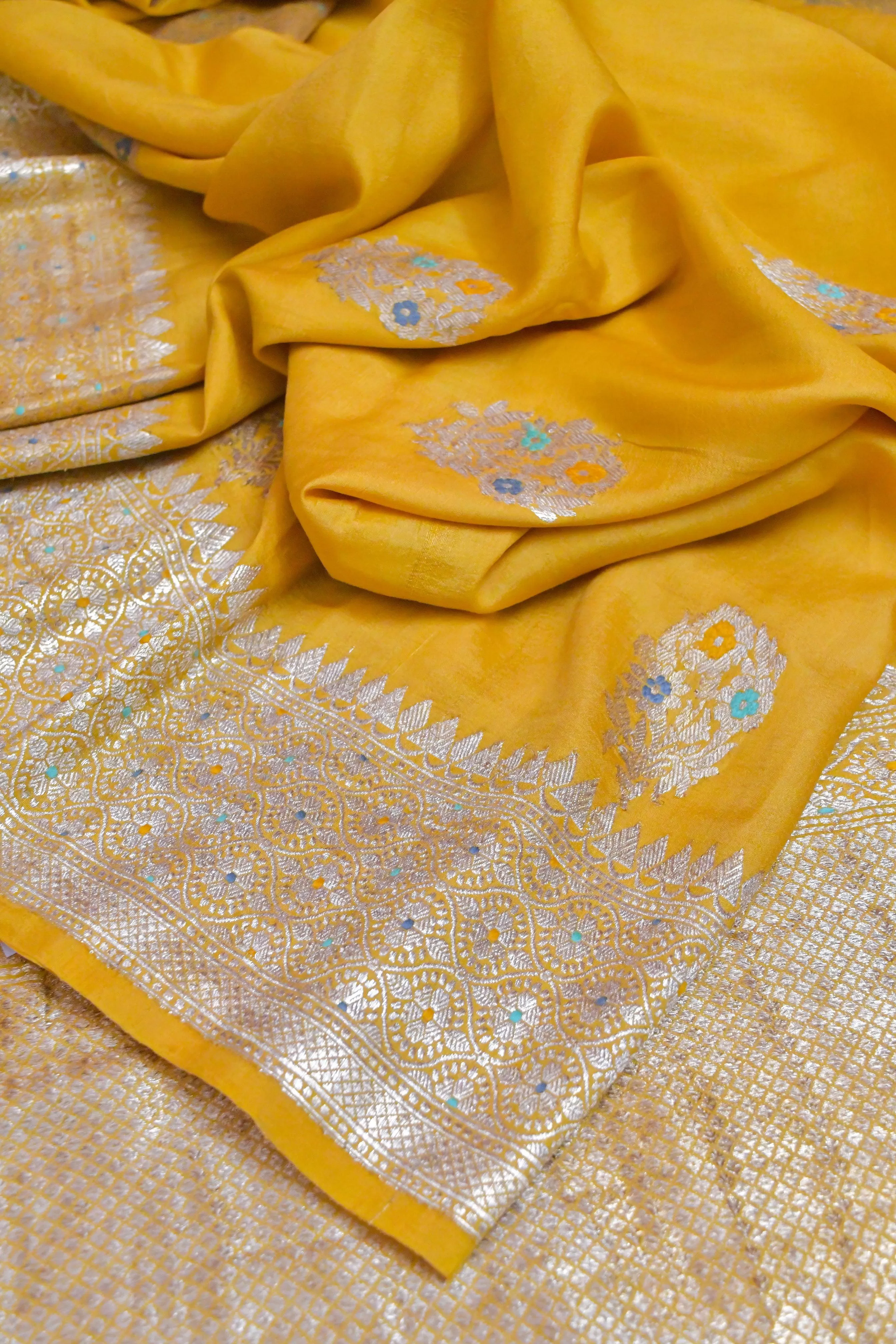 Deep Yellow Color Tussar Georgette Meenakari Banarasi