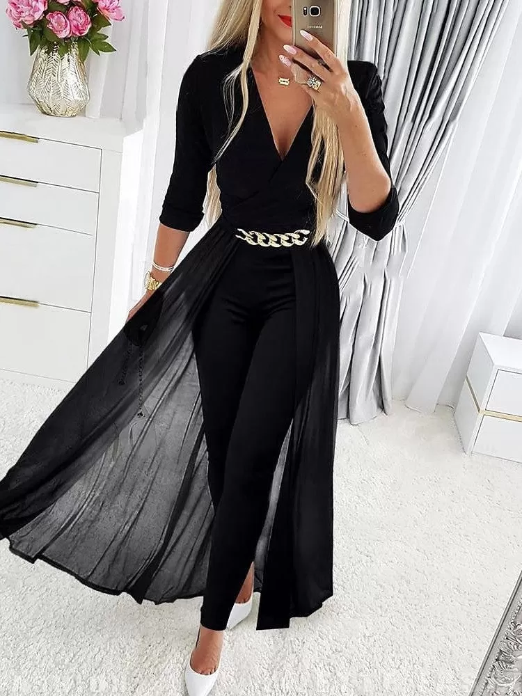 Elegant Black Mesh Detail Party Jumpsuit with Deep V Neck