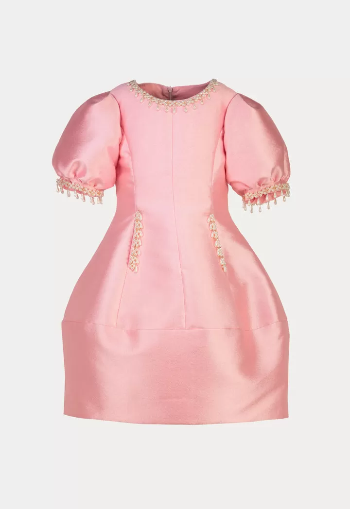 Elegant Drop Pearl Embellish Neck Puff Dress