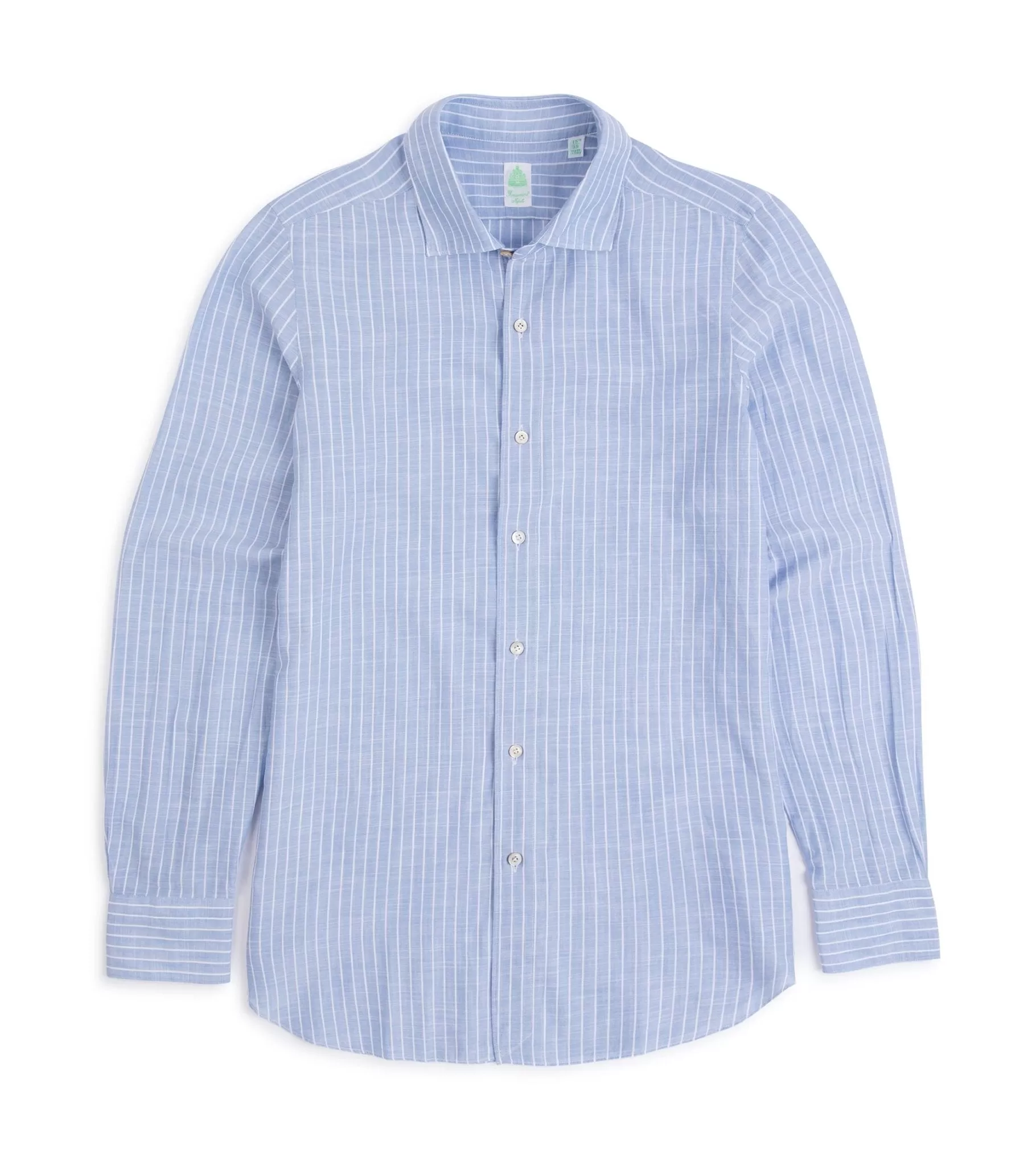 Finamore Gaeta Cotton Linen Butcher Stripe Luigi Sport Shirt: Blue/White