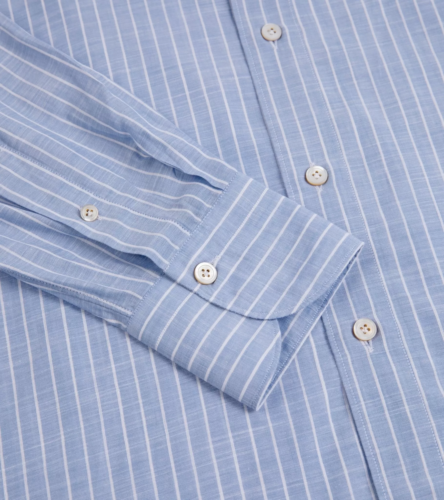 Finamore Gaeta Cotton Linen Butcher Stripe Luigi Sport Shirt: Blue/White