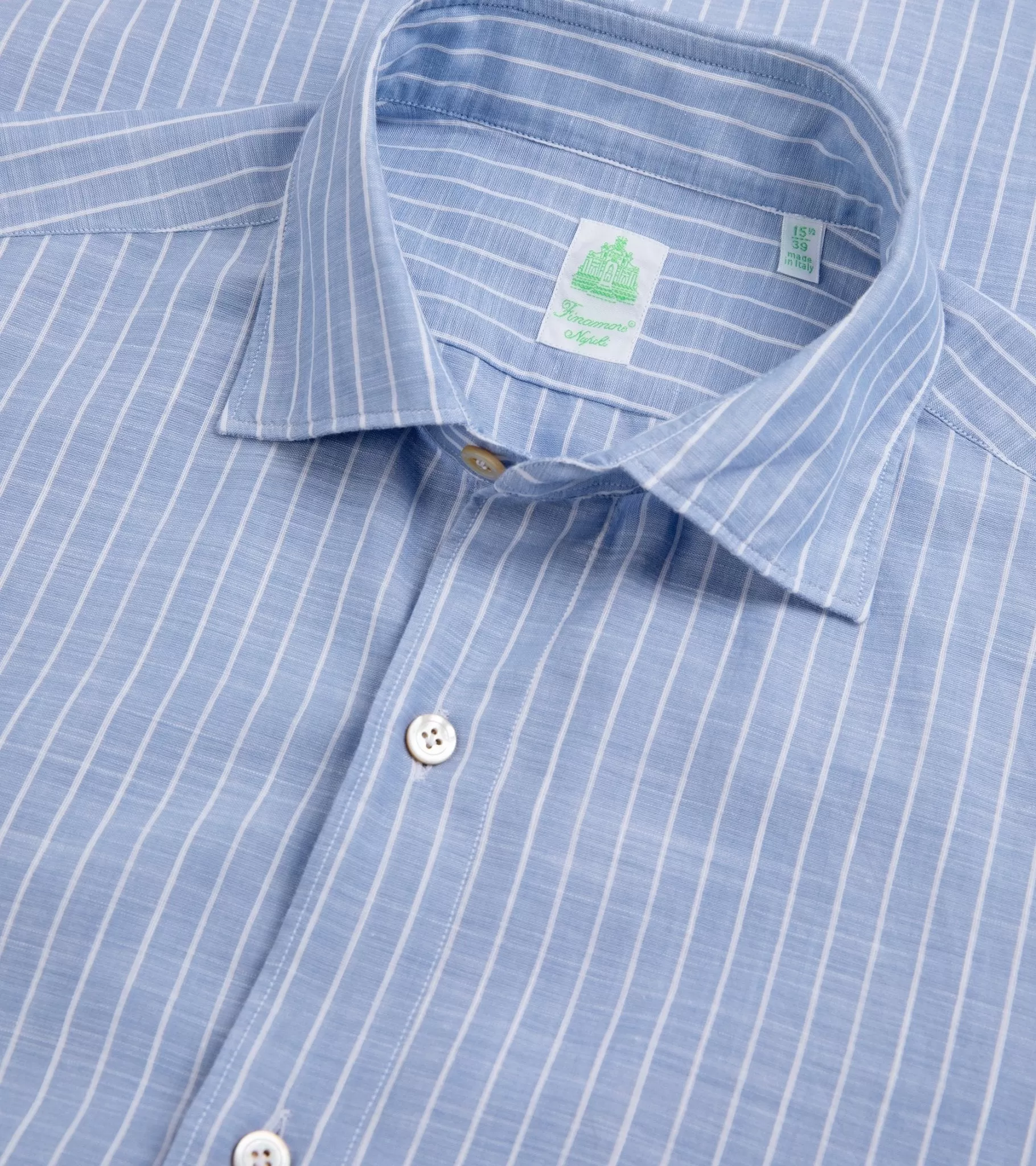 Finamore Gaeta Cotton Linen Butcher Stripe Luigi Sport Shirt: Blue/White