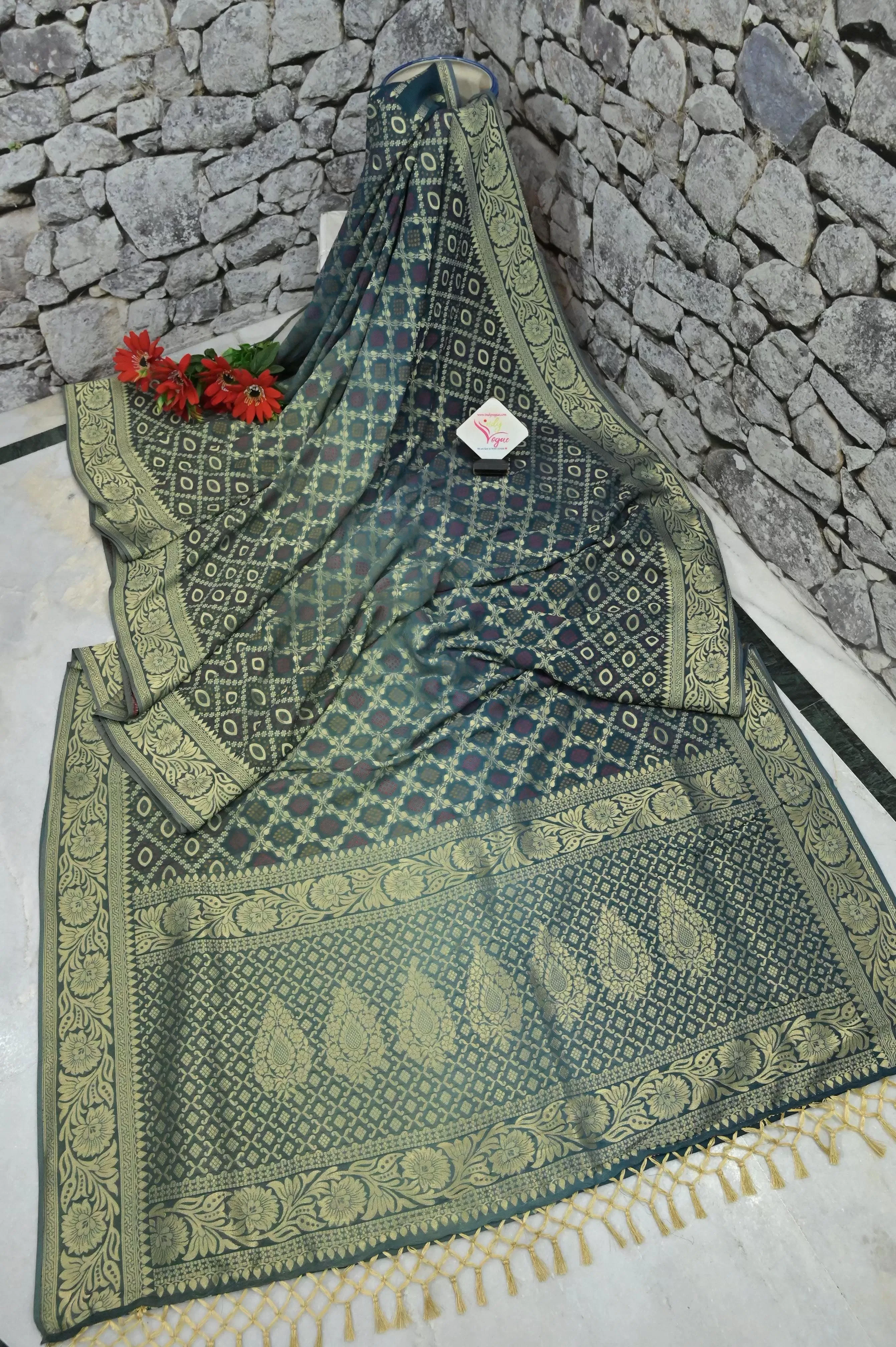 Green Color Khaddi Georgette Saree with Jaal  Work