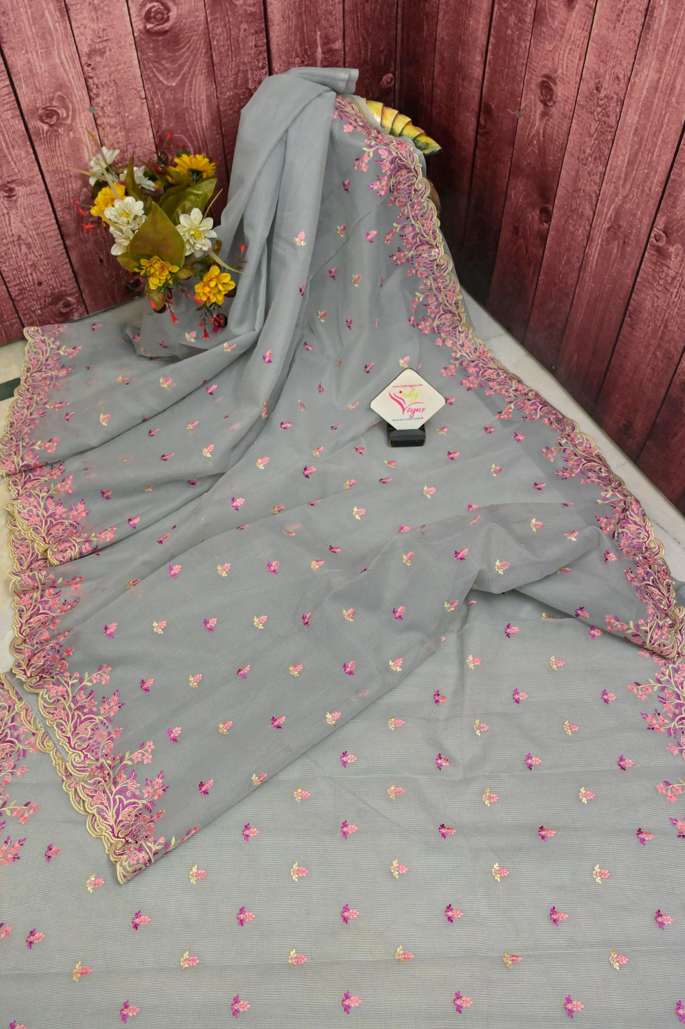 Grey Color Resham Kota Saree with Embroidery and Scallop Border