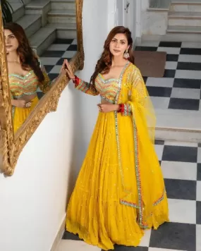 Haldi Yellow Semi stitched georgette Heavy Work Lehenga Choli Set