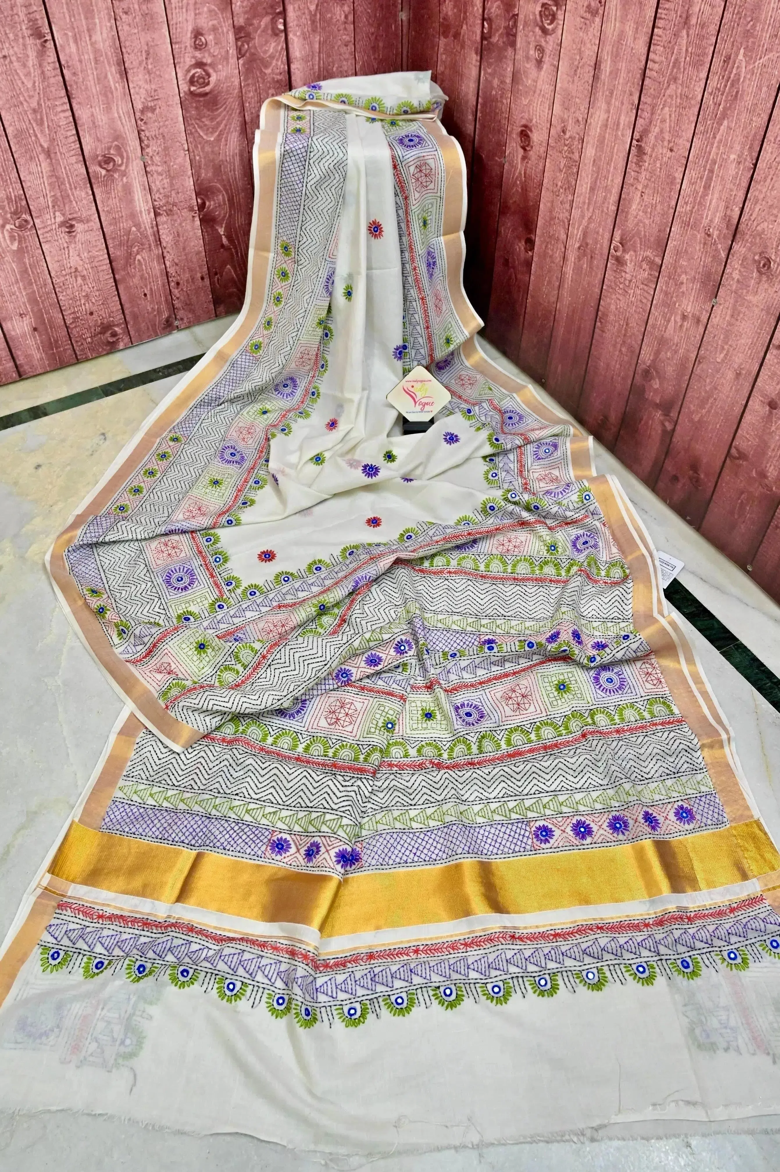 Ivory White Color Kerala Cotton Saree with Hand Lambani and Mirror Work