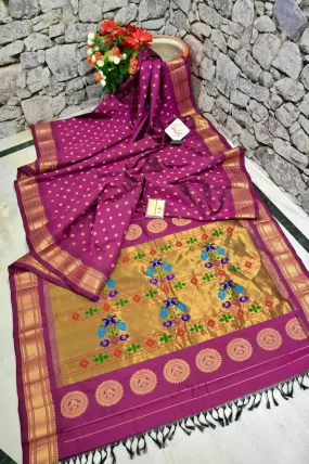 Light Beetroot Color Maharani Paithani Silk Saree with Golden Zari Border