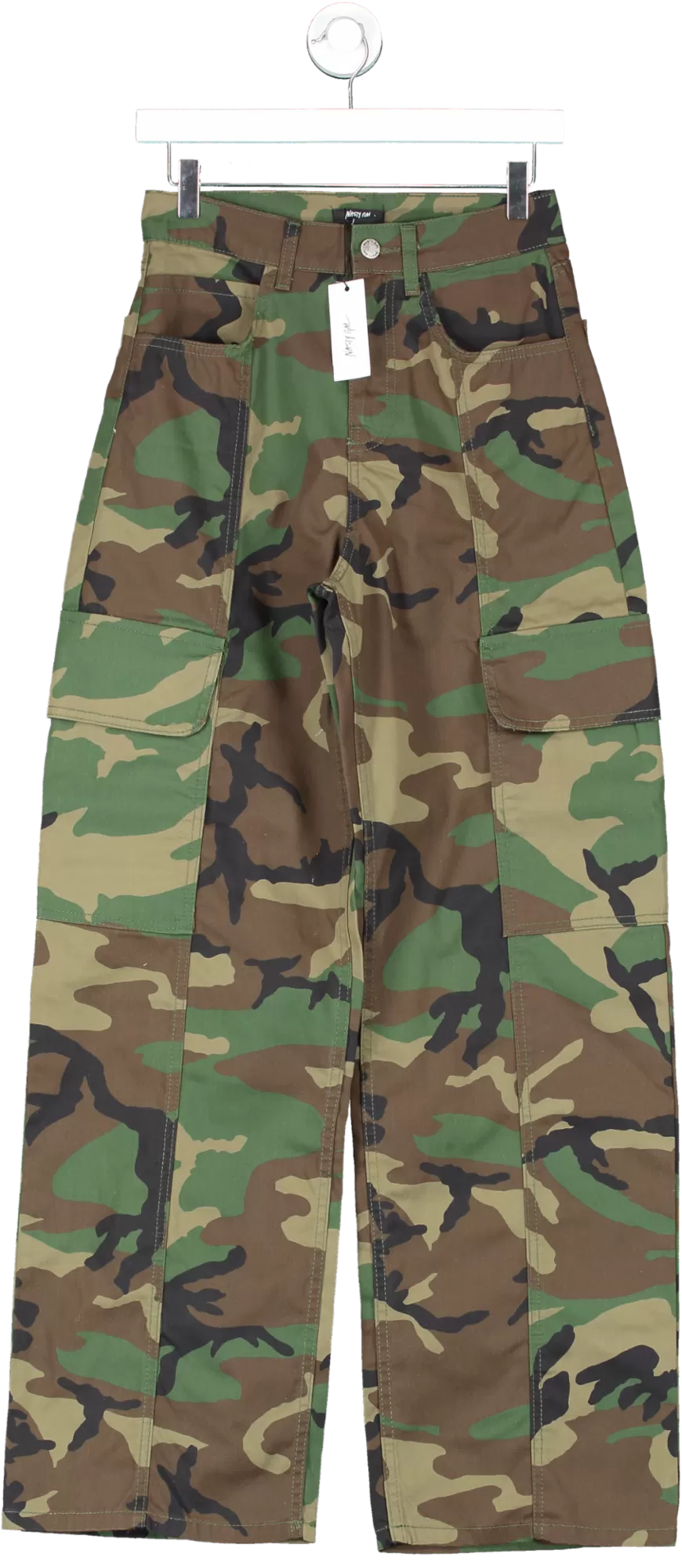 Nasty Gal Green Camo Print Multi Pocket Straight Leg Cargo Trousers UK 8