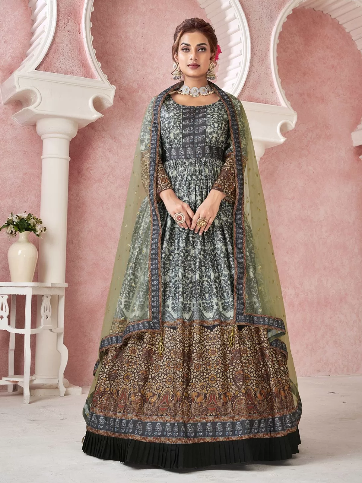 Odette Light Green Silk Blend Printed  Gown with Dupatta For Women