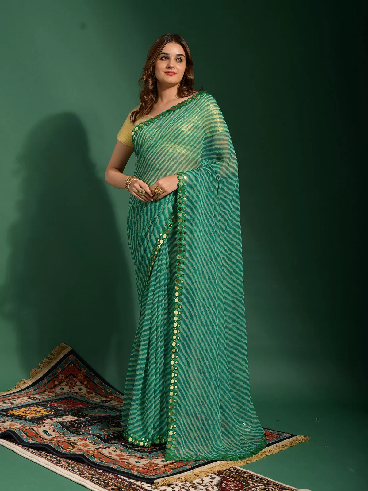 Odette Women Green Chiffon Designer Saree With Unstitched Blouse