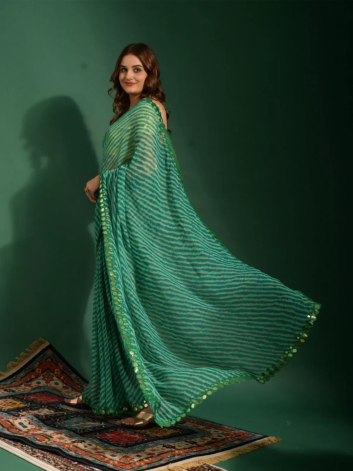 Odette Women Green Chiffon Designer Saree With Unstitched Blouse