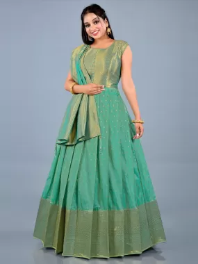 Odette Women Light Green Banarasi Silk Woven Stitched Gown