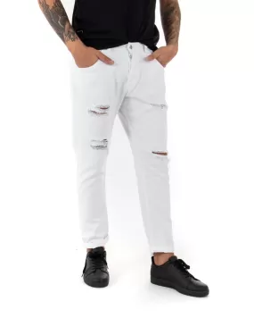 Pantaloni Jeans Uomo Loose Fit Bianco Con Rotture Cinque Tasche Casual GIOSAL-P4091A