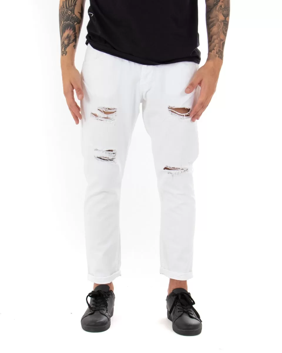 Pantaloni Jeans Uomo Loose Fit Bianco Con Rotture Cinque Tasche Casual GIOSAL-P4091A