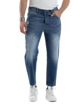 Pantaloni Jeans Uomo Loose Fit Denim Basic Blu Cinque Tasche Con Rotture GIOSAL-JS1037A