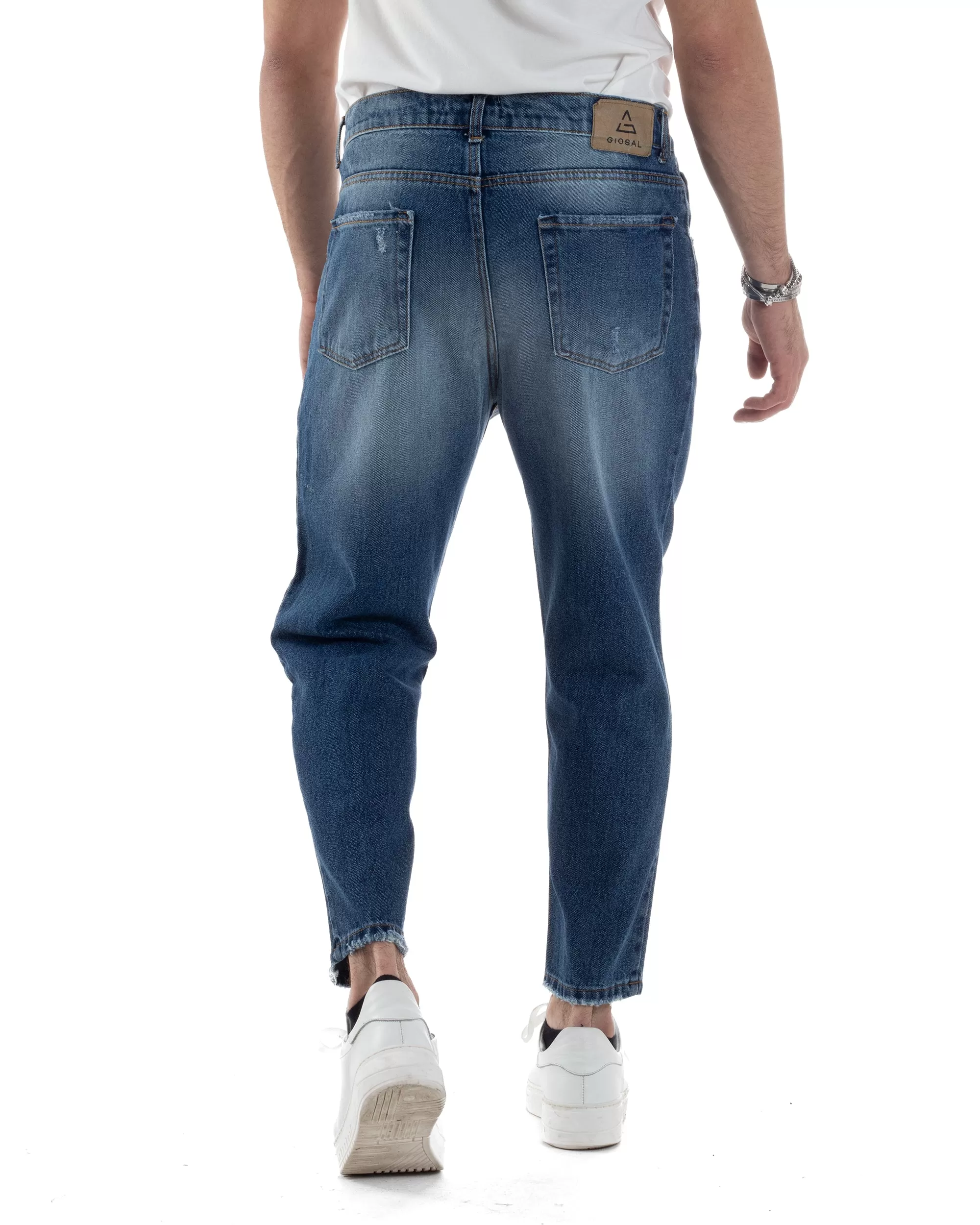 Pantaloni Jeans Uomo Loose Fit Denim Basic Blu Cinque Tasche Con Rotture GIOSAL-JS1037A