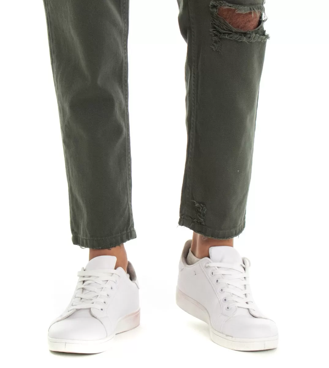 Pantaloni Jeans Uomo Loose Fit Verde Con Rotture Cinque Tasche Casual GIOSAL-P3281A