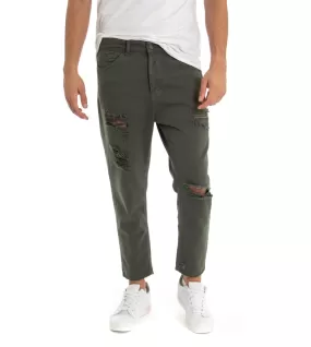 Pantaloni Jeans Uomo Loose Fit Verde Con Rotture Cinque Tasche Casual GIOSAL-P3281A