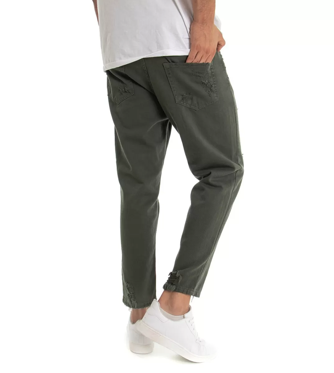 Pantaloni Jeans Uomo Loose Fit Verde Con Rotture Cinque Tasche Casual GIOSAL-P3281A