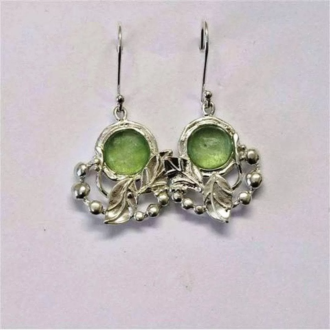 Roman glass earrings. Designer Sterling silver earrings set with roman glass