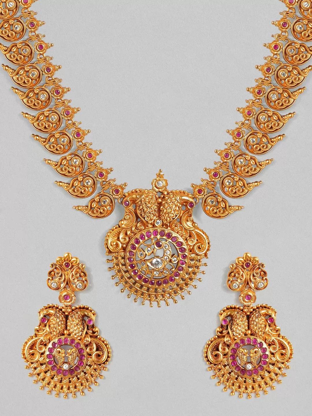 Rubans 22K Gold Plated Handcrafted  Faux Ruby & Filigree Traditional Necklace Set