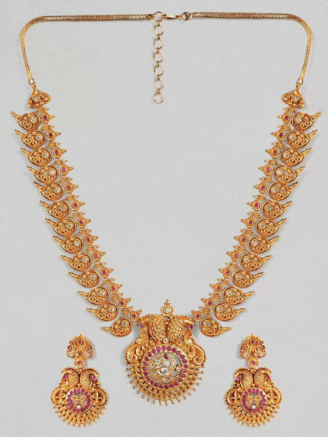 Rubans 22K Gold Plated Handcrafted  Faux Ruby & Filigree Traditional Necklace Set