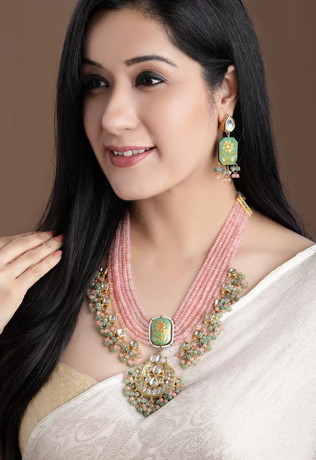 Rubans Gold Plated Handcrafted Enamel & Kundan Pink Beads Necklace Set