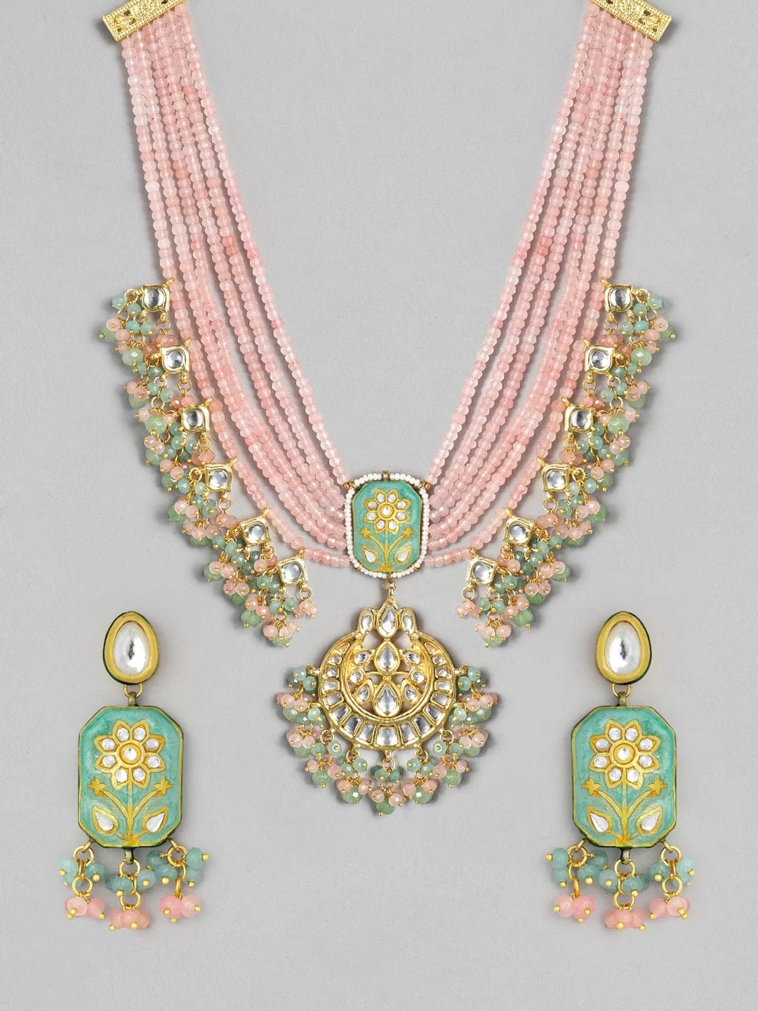 Rubans Gold Plated Handcrafted Enamel & Kundan Pink Beads Necklace Set