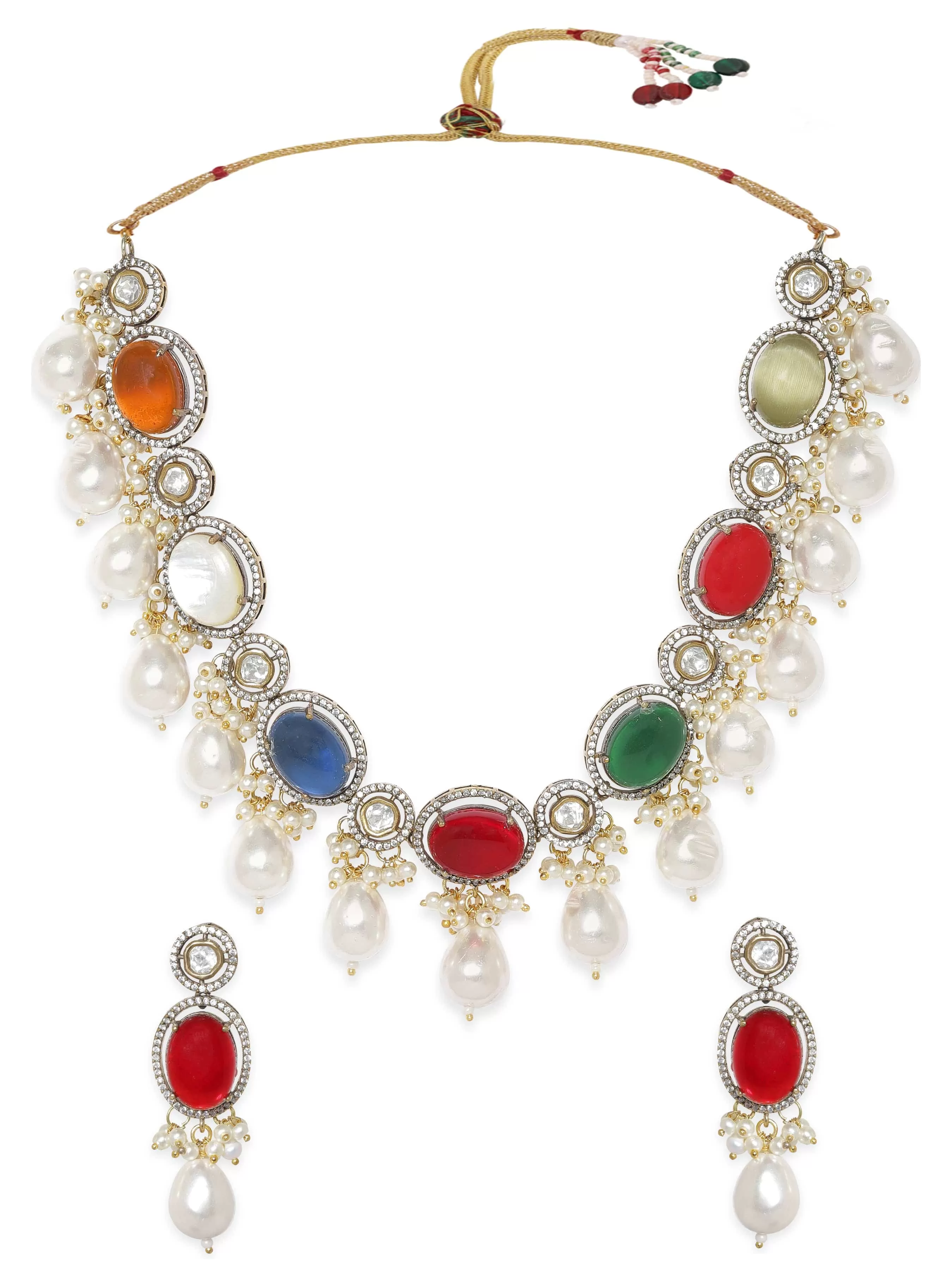 Rubans Radiant Mosaic: Multi-Coloured Stone Ad Necklace Set