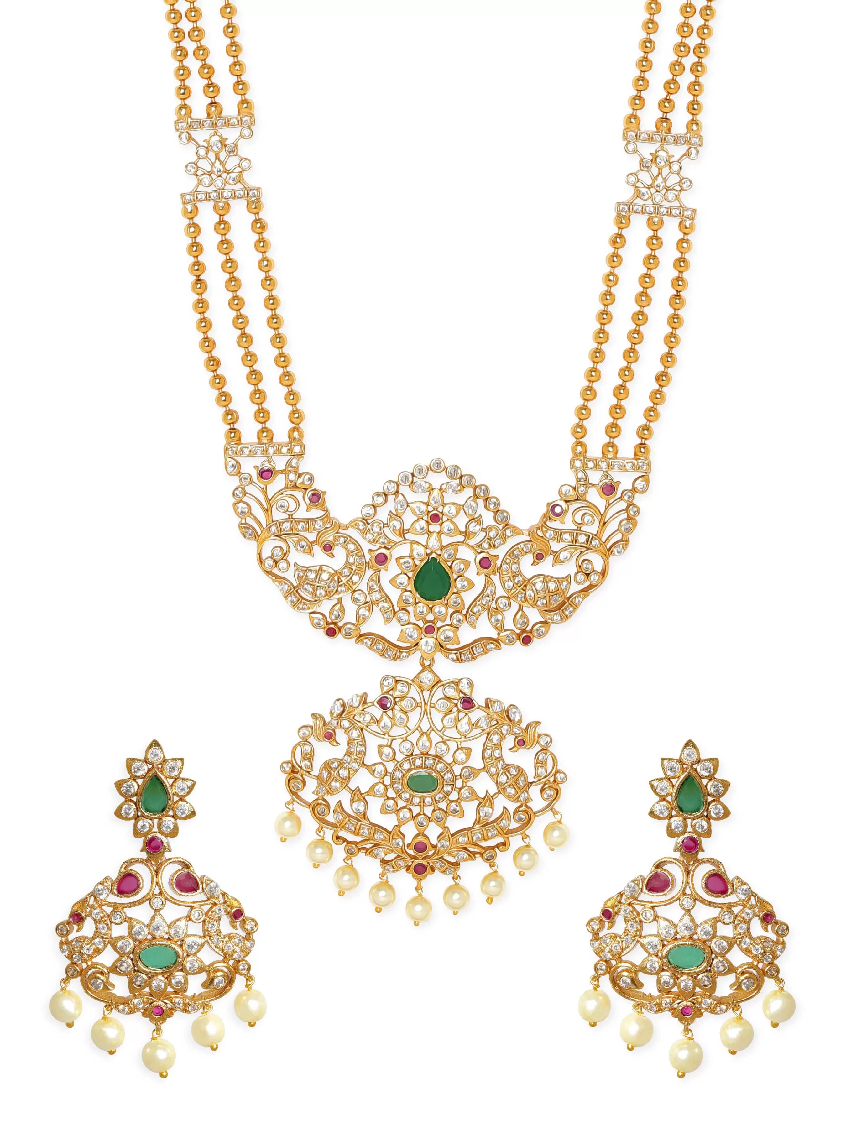 Rubans Regal Gold Tone Temple Necklace Set with Green, Pink & White Stones