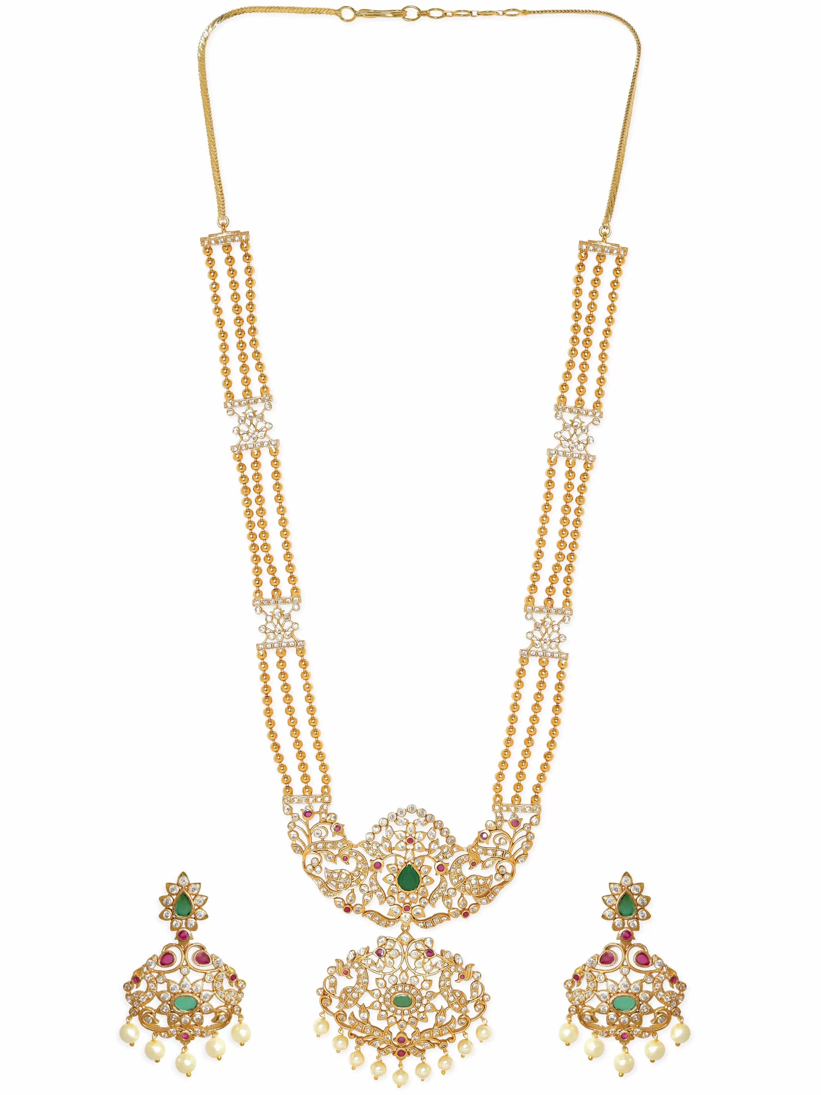 Rubans Regal Gold Tone Temple Necklace Set with Green, Pink & White Stones