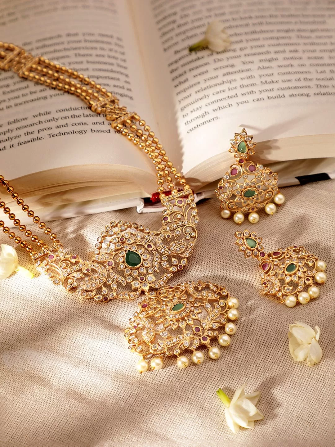 Rubans Regal Gold Tone Temple Necklace Set with Green, Pink & White Stones