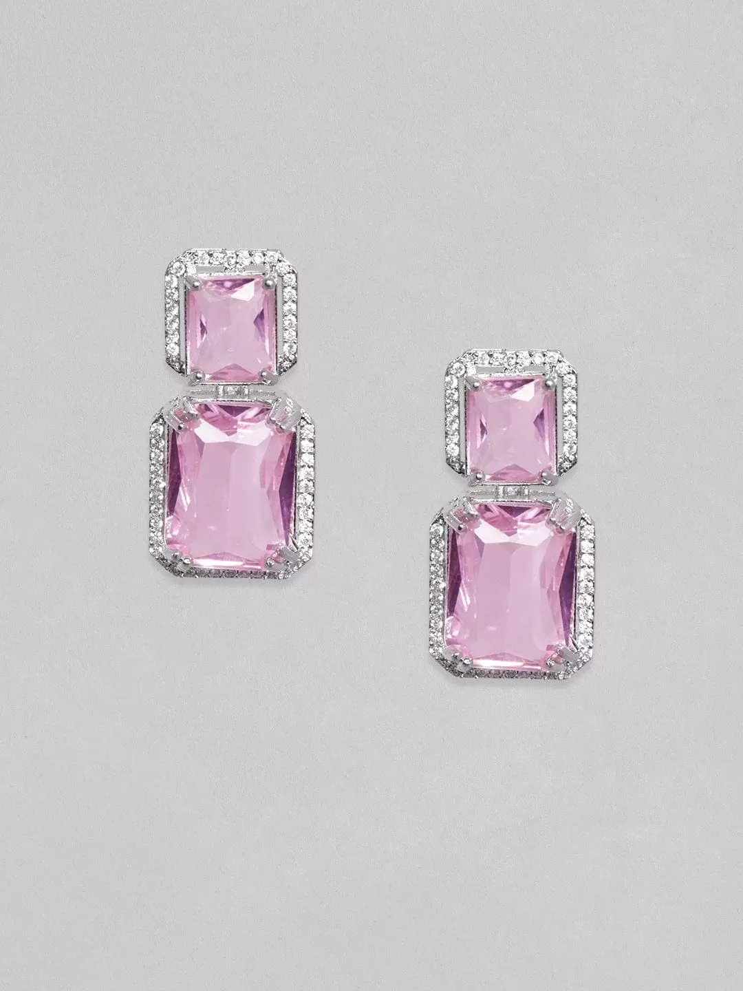 Rubans Rhodium Plated Premium white & Pink Saphire solitaire Zircons Dangle Earring.