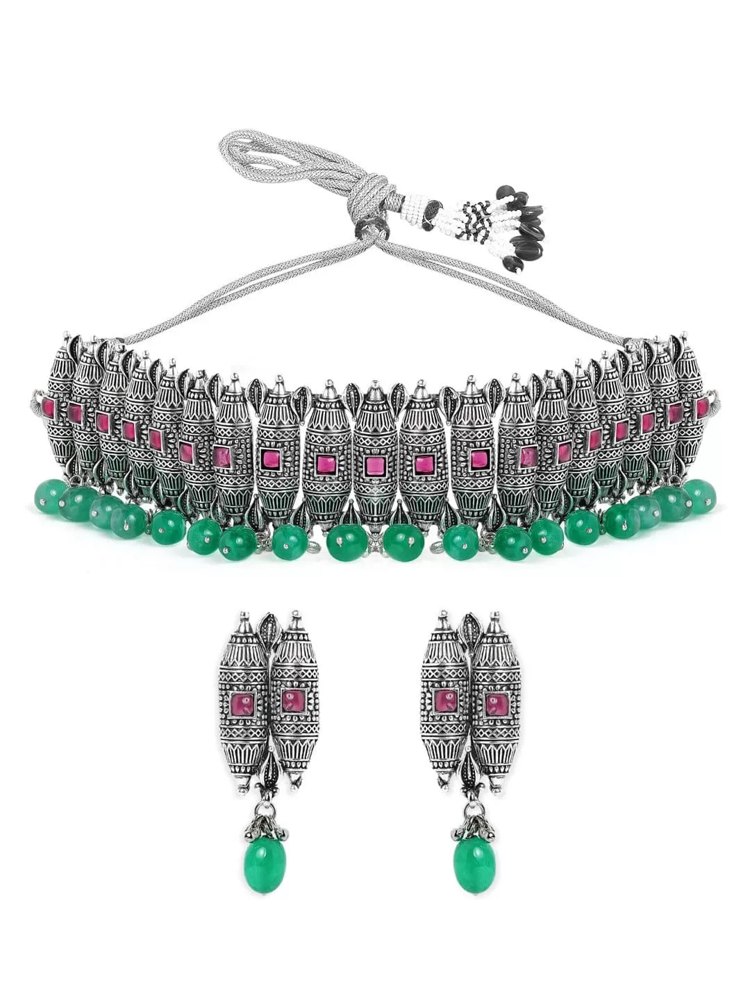 Rubans Silver Plated Handcrafted Green Beads Choker Set