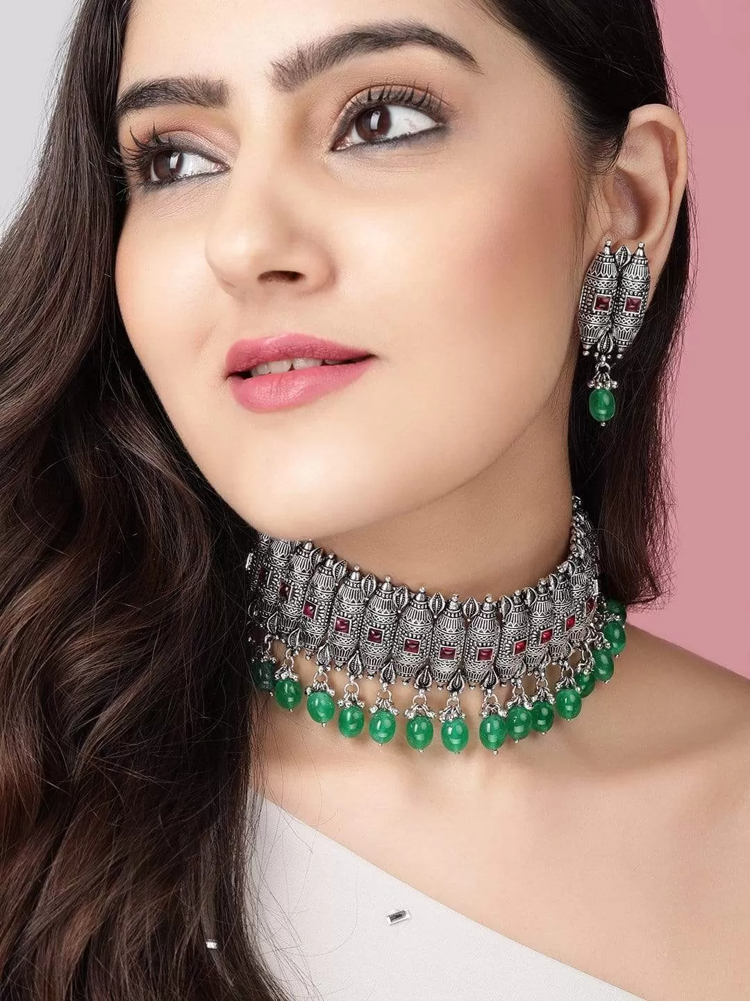 Rubans Silver Plated Handcrafted Green Beads Choker Set